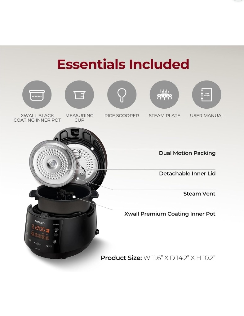 CUCKOO rice cooker essentials included: inner pot, measuring cup, rice scooper, steam plate, user manual