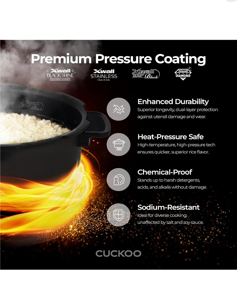 CUCKOO Xwall inner pot coating: enhanced durability, heat-pressure safe, chemical-proof, sodium-resistant