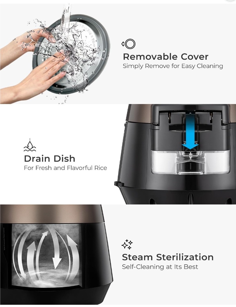 CUCKOO rice cooker removable cover, drain dish, and steam sterilization cleaning features