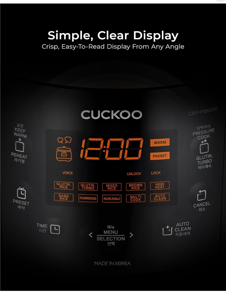 CUCKOO CRP-P0609S control panel showing all cooking modes: white rice, brown rice, porridge, multi-cook, GABA rice, nurungji
