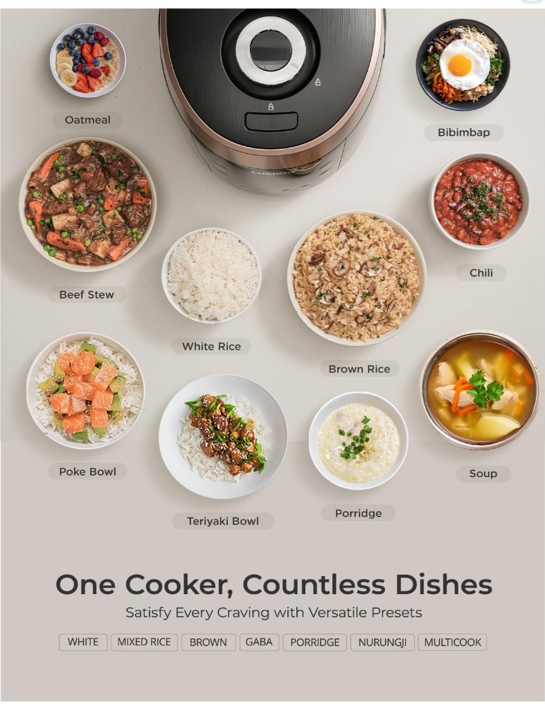 Dishes you can cook in the CUCKOO rice cooker: oatmeal, bibimbap, beef stew, white rice, brown rice, chili, poke bowl, teriyaki bowl, porridge, soup